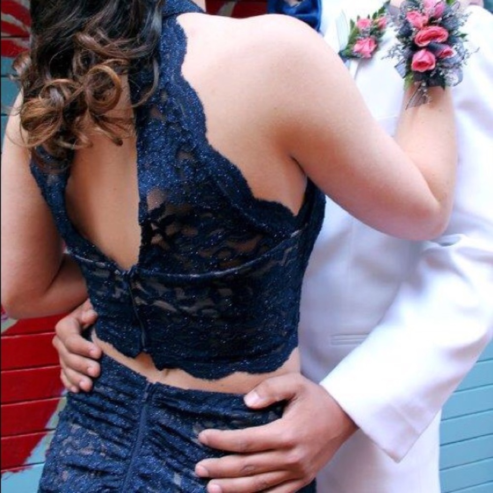 2 piece navy blue prom dress